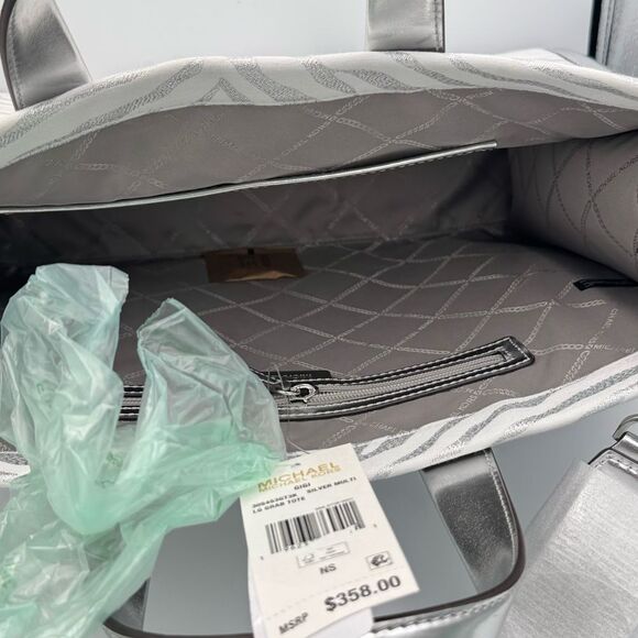 Michael Kors Silver Metallic Gigi Zebra Print Large Grab Tote Bag purse NWT - Picture 3 of 16